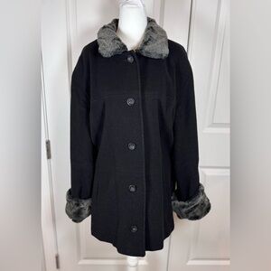 Vintage Andrea Wool Faux Fur Collar Swing Coat Black Car Coat Women L